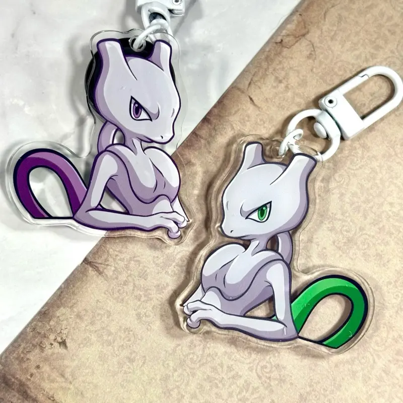 Double-Sided Pokemon Shiny Mewtwo Keychain #0150 - Durable Acrylic Keychain with Purple & Green Design, Perfect for Pokemon Fans
