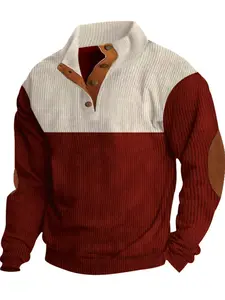 Men's Large Size Casual Colorblock Stand Collar Fitted Sweatshirt, Spring & Fall Heavyweight Fleece Pullover, Comfortable Streetwear