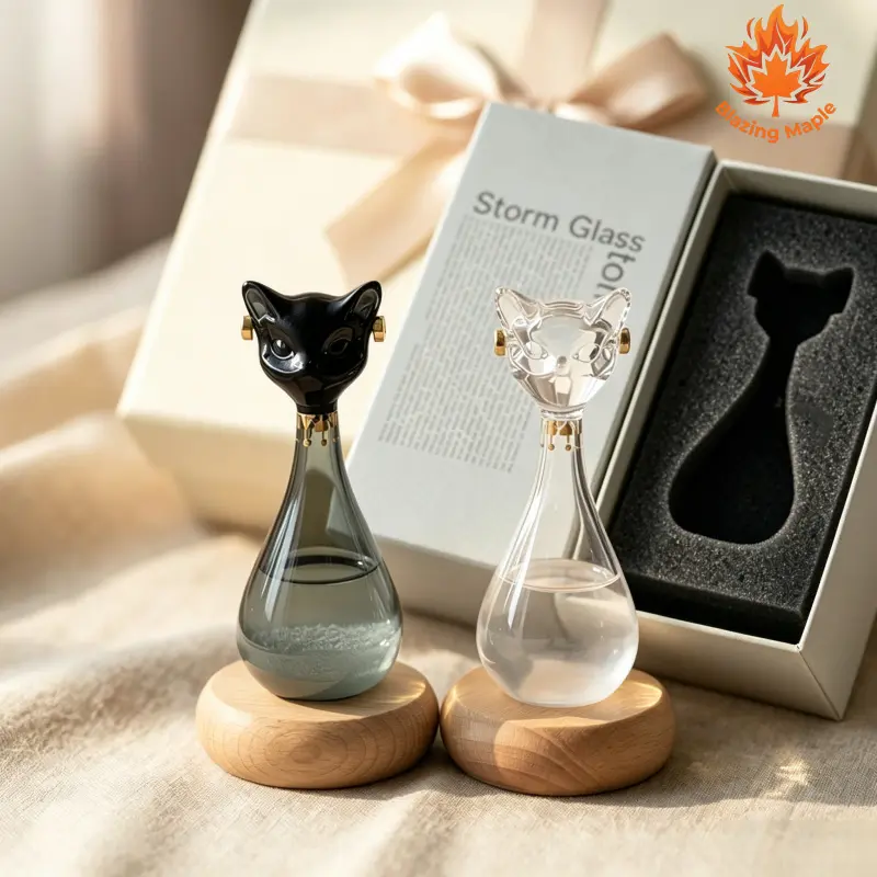 (Gift Box Packaging) Unique Crystal Cluster Glass Decor - Magic Cat Storm Glass with Real Gold Detailing, Golden Ears, Weather-Indicating Feature, Ideal for Desk Decoration & Gifting on Any Occasion