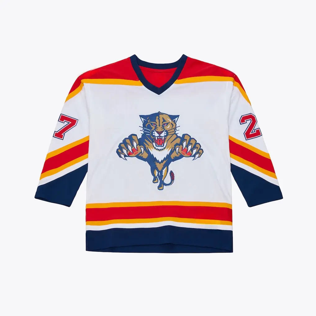 Retro White Ice Hockey Jersey Long Sleeve Streetwear Graphic Print Leaping Panther Crest Casual Sports Number 27 Red Accent V-Neck Oversized Sweater Men Women Activewear Unisex Breathable Game Day Uniform
