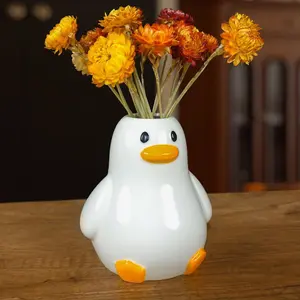 Unique Duck Vase - Cute White Ceramic Handcrafted Piece with Round Modern Design, Funky Aesthetic Table Decor for Flowers/Accessories, Cool Animal Goose-Themed Art Vase Great for Decor Gifts