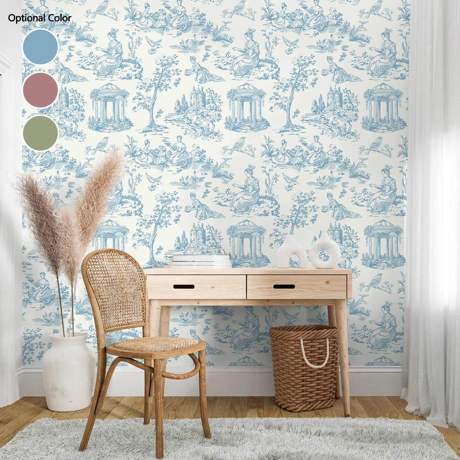 VEELIKE Peel and Stick Toile Wallpaper, Vintage French Farmhouse Renter-Friendly Wallpaper for Bedroom, Removable Self-Adhesive Blue Green Red Contact Paper for Accent Walls, Bookshelves, Drawer Liners
