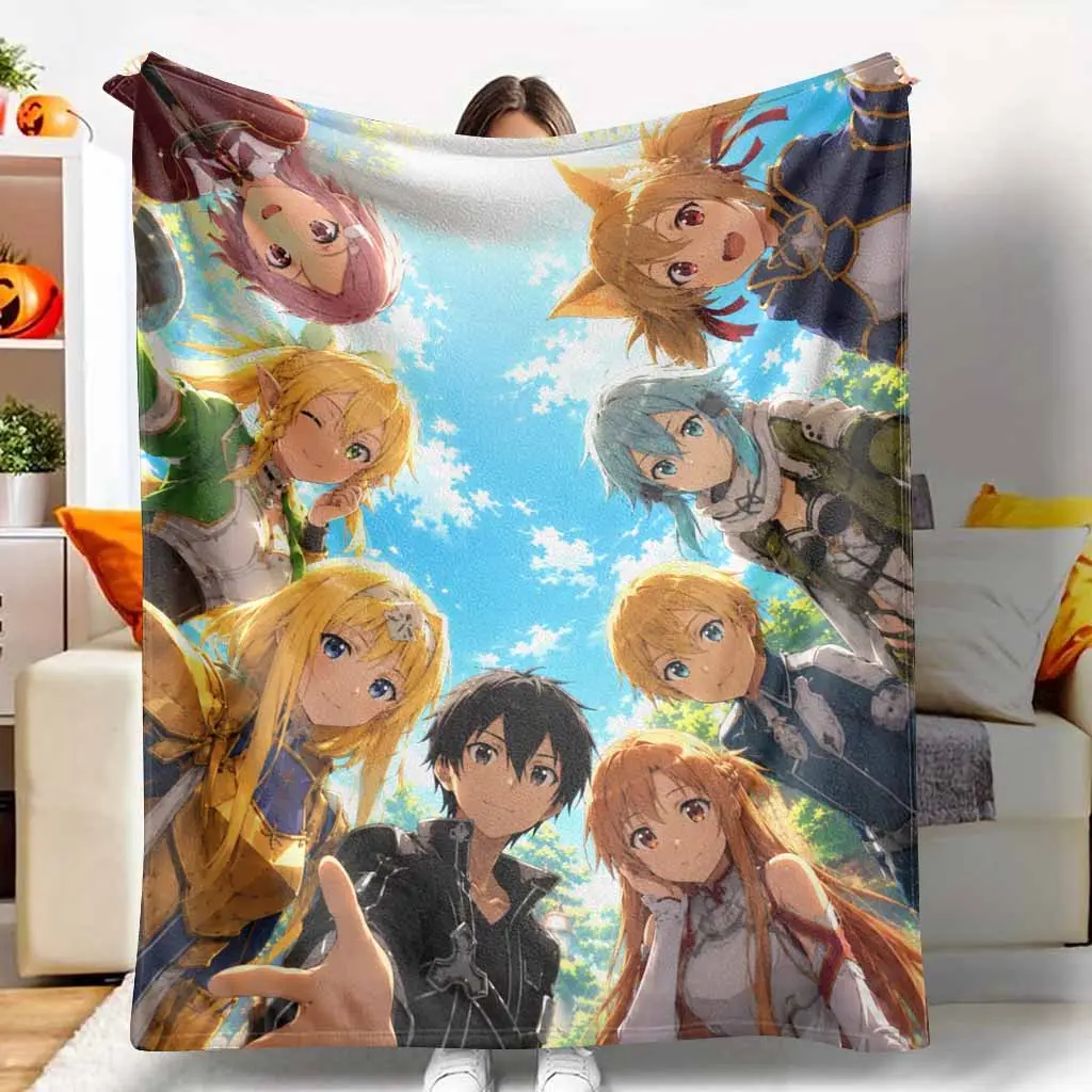Group Anime Characters Flannel Blanket - Sword Art Online Themed Print, Flannel Fabric, Ultra Soft, Lightweight, Breathable, Fuzzy Plush Throw, Multi-Size, Ideal for Bed, Couch, Travel, Perfect Holiday Gift, Breathable Weave, Living Room