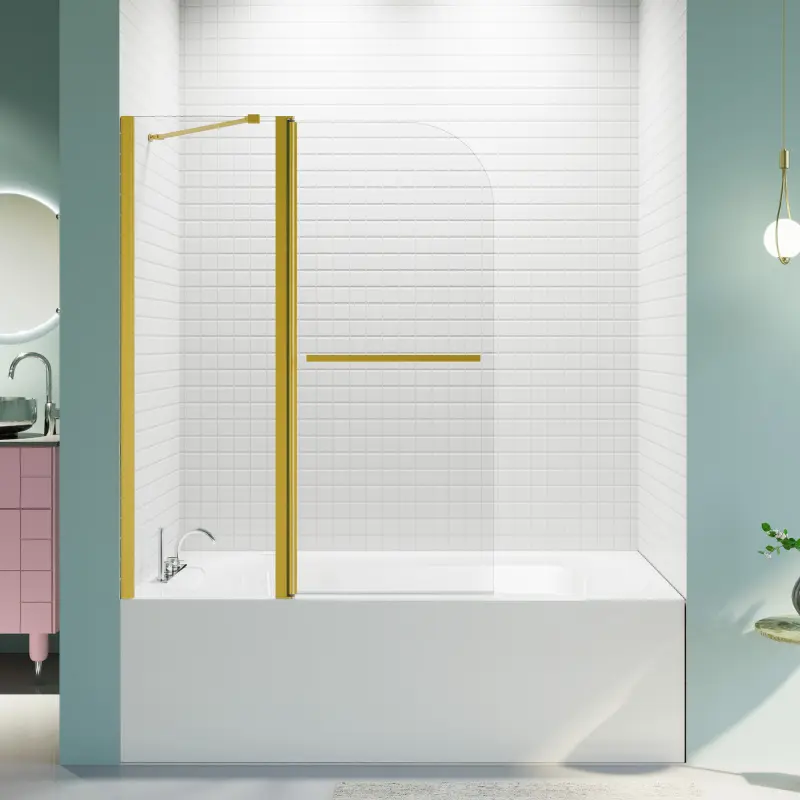 43 inches. W * 58 in. H Frameless Folding Shower Doors for Bathtub, 1/4" (6mm) Thick SGCC Tempered Glass Door, Bathroom Pivot Tub Glass Door, Brushed Gold   WL RR