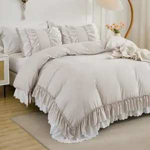 Beige Ruffle Comforter Set Queen Size,Boho Bedding Sets, Soft Comforters Sets for All Season,Vintage Ruffled 3 Pcs Microfiber Lightweight Set Gift for Girls