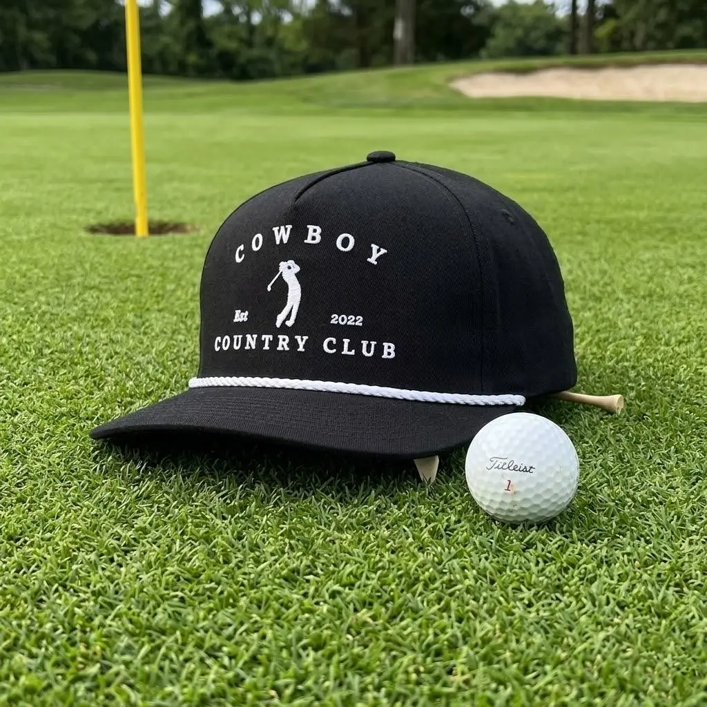 Cowboy Country Club Golf Hat - Black Rope Snapback Cap with Adjustable Fit for Sports & Outdoor Use Fitted Caps Premium Headwear