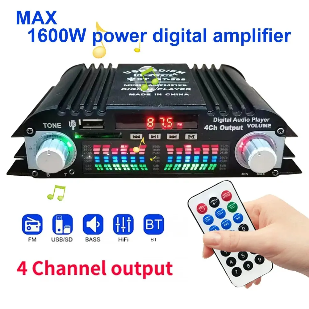 1600W Peak Power HiFi Sound Amplifier Digital 4 Channel Audio Amplifier Bluetooth Karaoke Player FM Radio Support Remote Control voice for teachers home