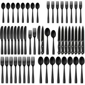 AHiware 48-Piece Matte Black Silverware Set with Steak Knives, Black Flatware Set for 8, Stainless Steel Tableware Cutlery Set, Utensil Sets for Kitchen