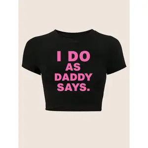 Women'S Letter Slogan Printed Round Neck Short Top, Casual Sporty Short Sleeve Cropped Sexy T-Shirt