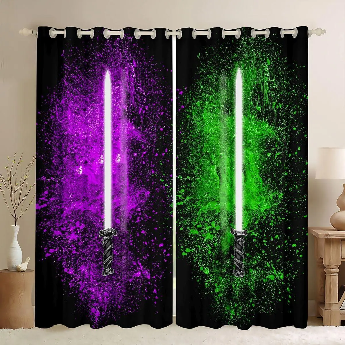 Lightsaber Windows Drapes Purple Green Tie Dye Curtains Bedroom Living Room Future Technology Curtains Soft Lightweight Room Decoration,,2 Panels