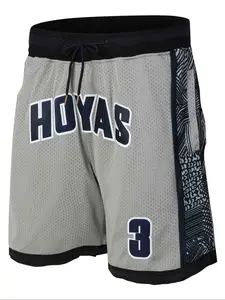 Men's 3 Grey Vintage Embroidered Zipper Basketball Shorts, Streetwear Sports Shorts, Casual Fitted Training Pants for Spring & Fall, Moderate Fabric Thickness