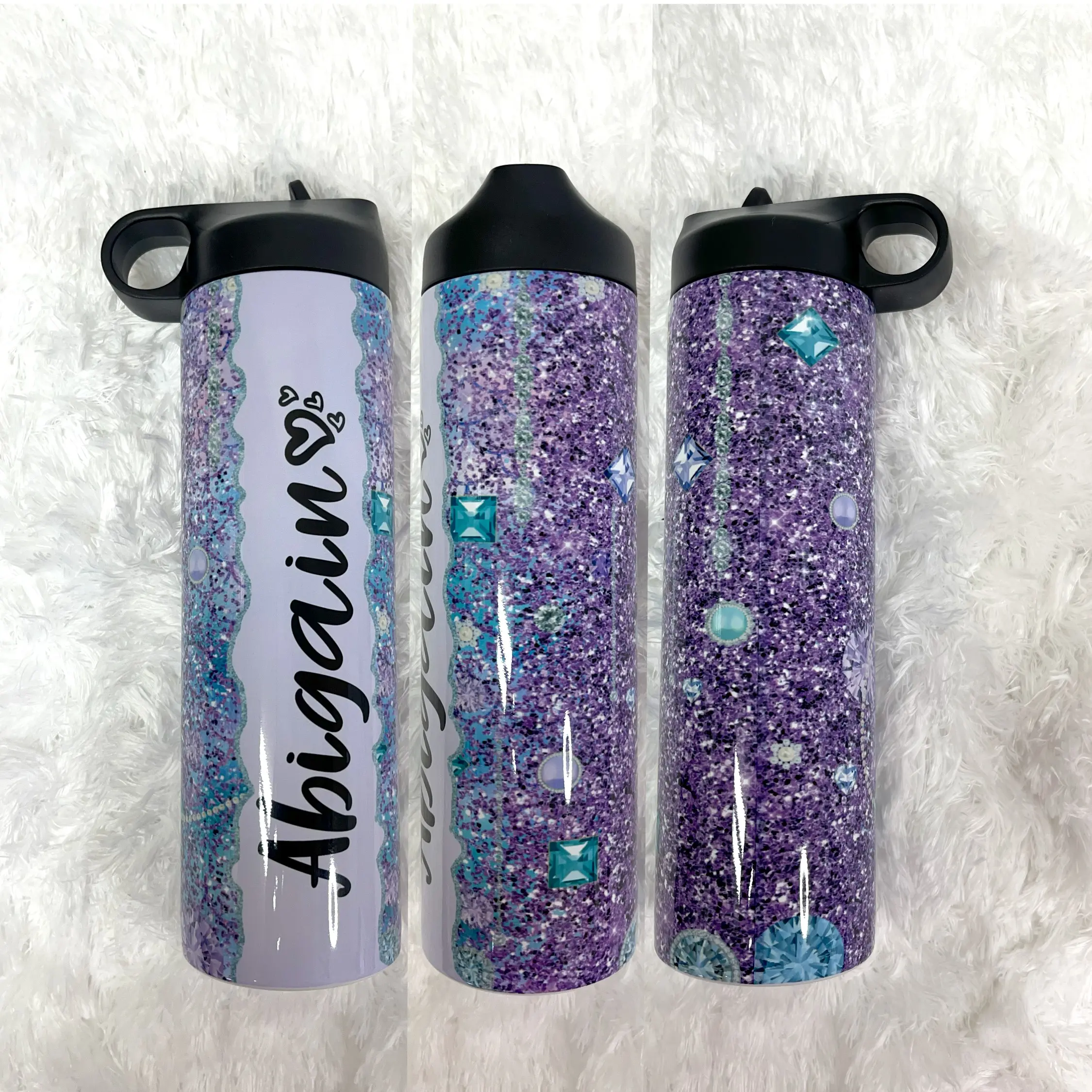 Purple Glitter Gems 20oz Sports Bottle - Leak-Proof, Straw Lid Water Bottle - Double Wall Insulated Stainless Steel Drinkware - Sublimated, Back to School Bottle, Travel Cup, Personalized Gift, Birthday, Christmas Gift