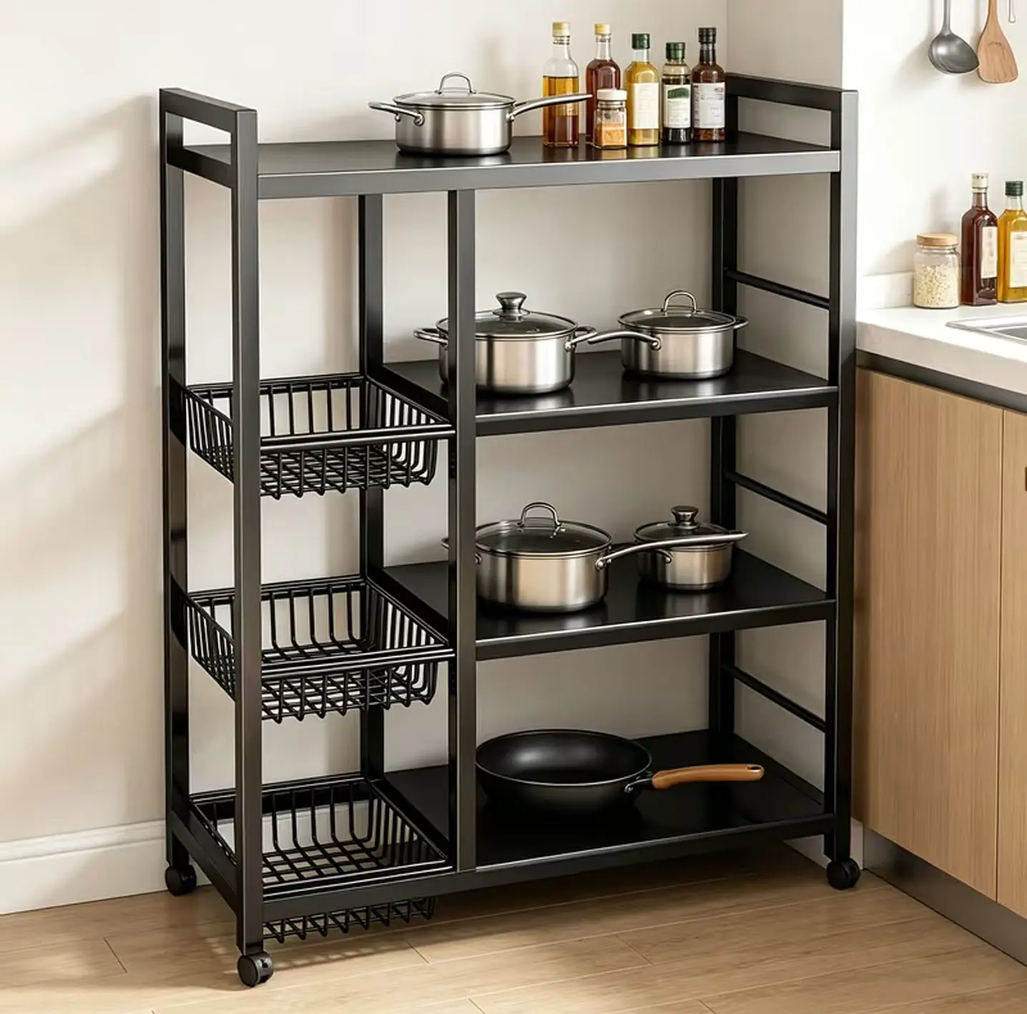 Industrial Metal Kitchen Storage Rack with Wire Baskets on Wheels | 360° Lockable Wheels, Multi-Tier Shelves, Strong Metal Frame, Mobile & Versatile, Home Organization