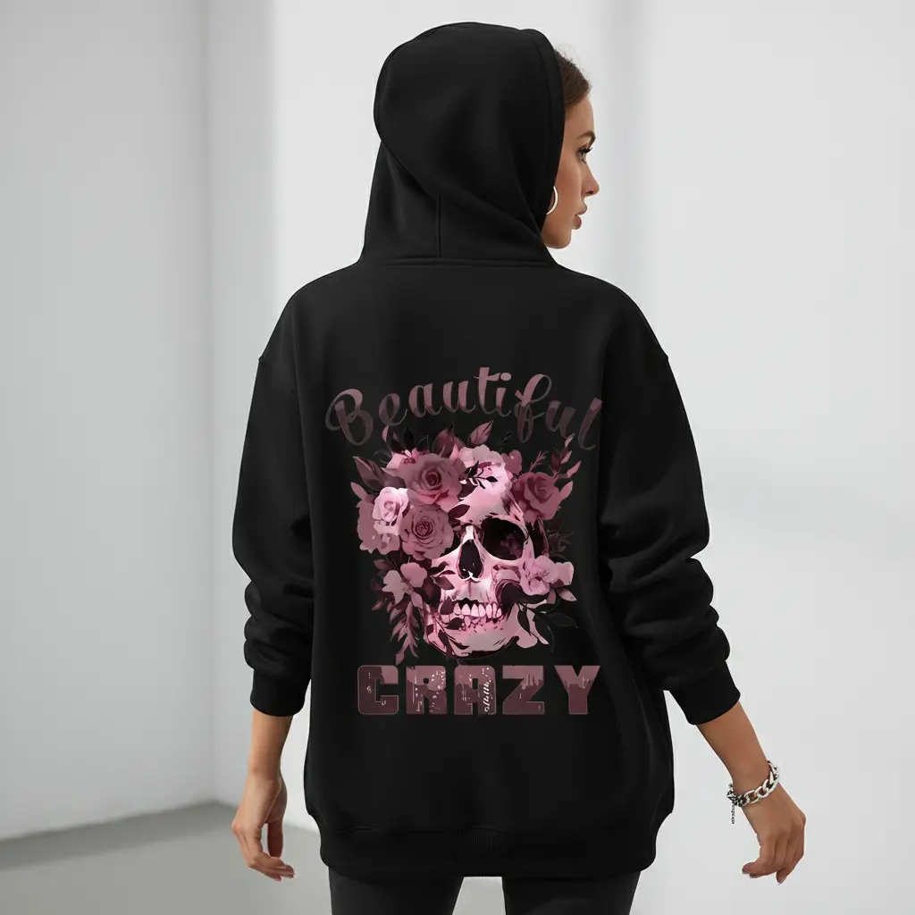 Women's Black Graphic Print Hoodie, Skull and Floral Pullover Sweatshirt in a Soft Cotton Blend with Long Sleeves for All Seasons, Fitted, Sweatshirts, Women's Clothes, Clothes, Long Sleeve, Stretch, Hoodies For Women