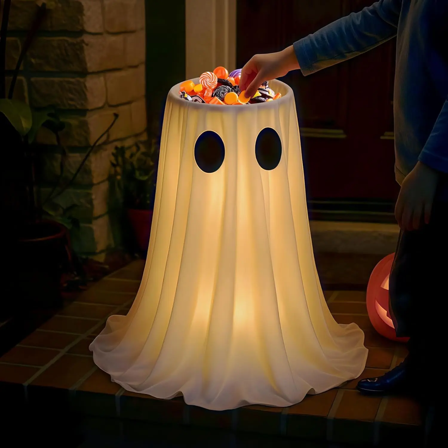 Halloween Ghost Candy Bowl with LED Warm Light, Large Ghost Shaped Candy Holder Decor, Front Porch Outdoor Indoor Treat Bowl for Trick or Treat Party Home Yard Decoration