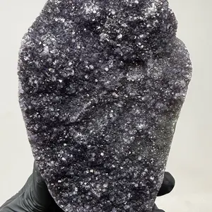 Rare Superb Polished Black Galaxy Amethyst Sculpture in Custom Metal Stand Unique Design Elegant Decor 8.25” inch tall