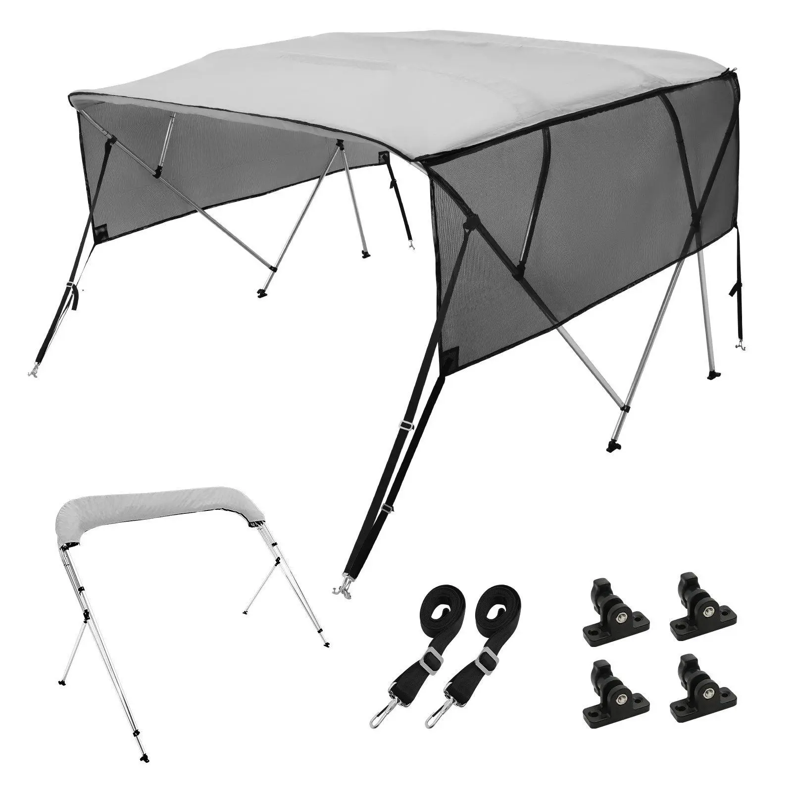 VEVOR 4 Bow Bimini Top Boat Cover Boat Accessories, 600D Polyester Canopy, 1" Aluminum Alloy Frame, Detachable Mesh Sidewalls, Storage Boot, 2 Straps, 2 Support Poles, 8'L x 54"H x 79"-84"W Light Grey
