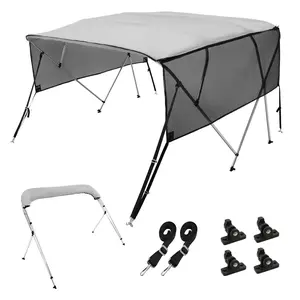 VEVOR 4 Bow Bimini Top Boat Cover, Detachable Mesh Sidewalls, 600D Polyester Canopy with 1" Aluminum Alloy Frame, Includes Storage Boot, 2 Straps, 2 Support Poles, 8'L x 54"H x 79"-84"W, Light Grey