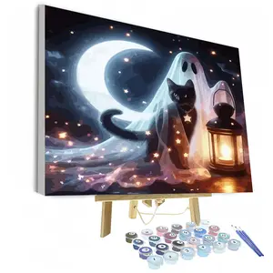 Cat and Ghost DIY Paint by Numbers Kit, DIY Decorative Painting, Home Decor Art Craft, Ideal Gift for Adults Beginners, Includes Acrylic Paints, No Frame, DIY Painting Supplies