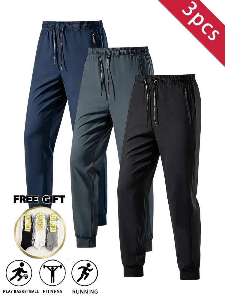 3PCS men’s summer lightweight ice silk jogger sweatpants, quick-dry casual long pants with zippered pockets and drawstring, thin stretchy ice silk jogger pants for everyday training, running, and fitness, suitable for multiple occasions, socks included wi
