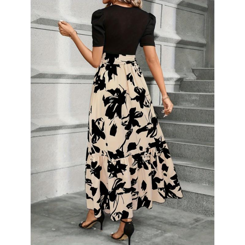 Floral Print Crew Neck Dress, Elegant Short Sleeve Tie Waist A-line Ankle Length Dress For Spring & Summer, Women's Clothing Loose Midi Flowery Backless Mini white  dress  girl shein
