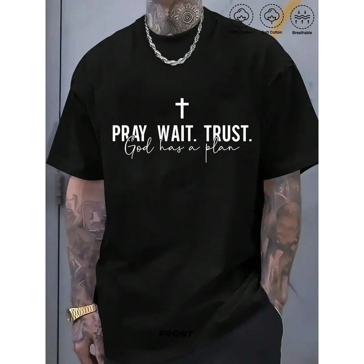 Men's Plus Size Faith-Based Fashion Crew Neck T-Shirt - Casual Short Sleeve Top with 'Pray Wait Trust' Verse, Soft Stretch Cotton Blend Print Fabric