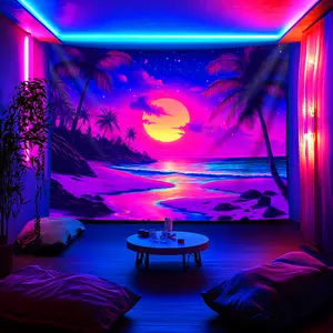 1pc Glow in Dark Tropical Beach Tapestry - Large UV Reactive Glow Under Blacklight, Fluorescent Lagoon & Palm Tree Wall Hanging for Bedroom, Party Decor, Glow Parties, UV-Activated Night Light (UV Lamp Compatible)