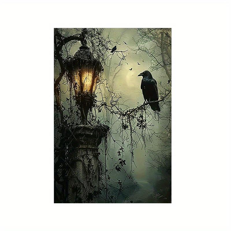 Mysterious Gothic Raven and Lantern Wall Art Canvas Print - Vivid Frameless Oil Painting Style Poster with Haunted Theme for Home, Office, Living Room, Bedroom Decor - Abstract Artwork with Rich Colors and Textured Finish