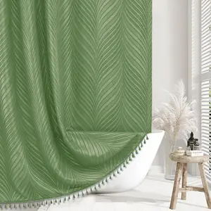 Boho Shower Curtain, Woven Fabric Sage Green, 72 x 72 Tufted Leaves Textured Striped Modern Farmhouse Minimalist Cloth Shower Curtain for Bathroom