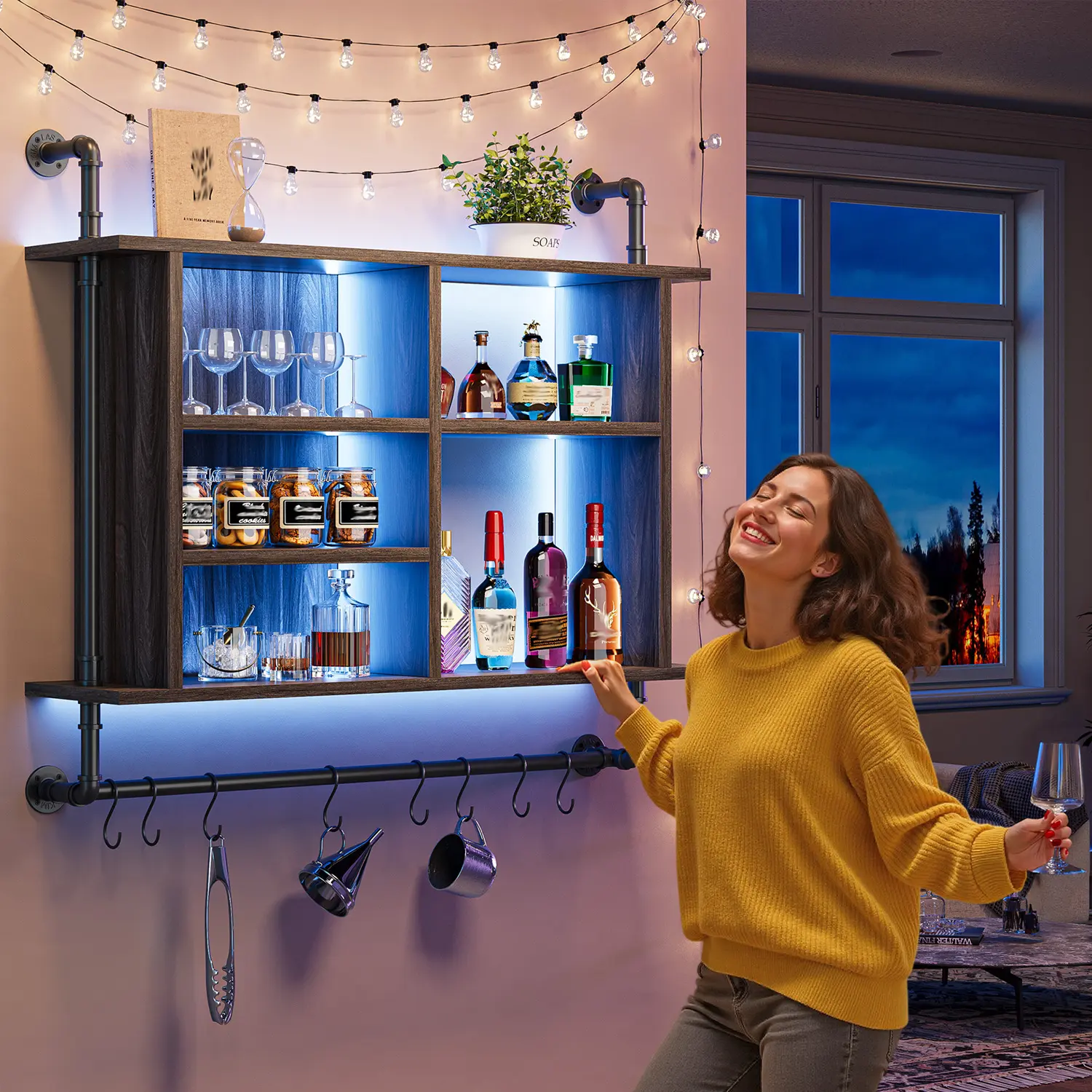 Raybee Furniture Led Floating Shelves 4-Tier Shelves for Room Wall 37" Kitchen Wall Shelves Industrial Pipe Adjustable Floating Shelves for Wall with 8 S-Hook Bathroom Living Room Deco Wine Coffee Bar