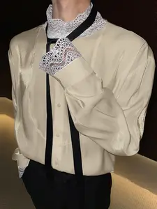 INCERUN Men Basic Shirt Lace Patchwork Long Sleeve Stand Collar Men Clothing Tops With Belt Streetwear Fashion Casual Male Shirts