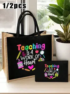 1/2pcs Creative Teacher Letter Printed Linen Handbag With A Black Linen Zipper Wallet Makeup Bag, Black Block Shopping Bag, Teacher Thanks Gift, Women's Linen Large Capacity Handbag, Casual Commuter Bag, Stylish Tote Bag.