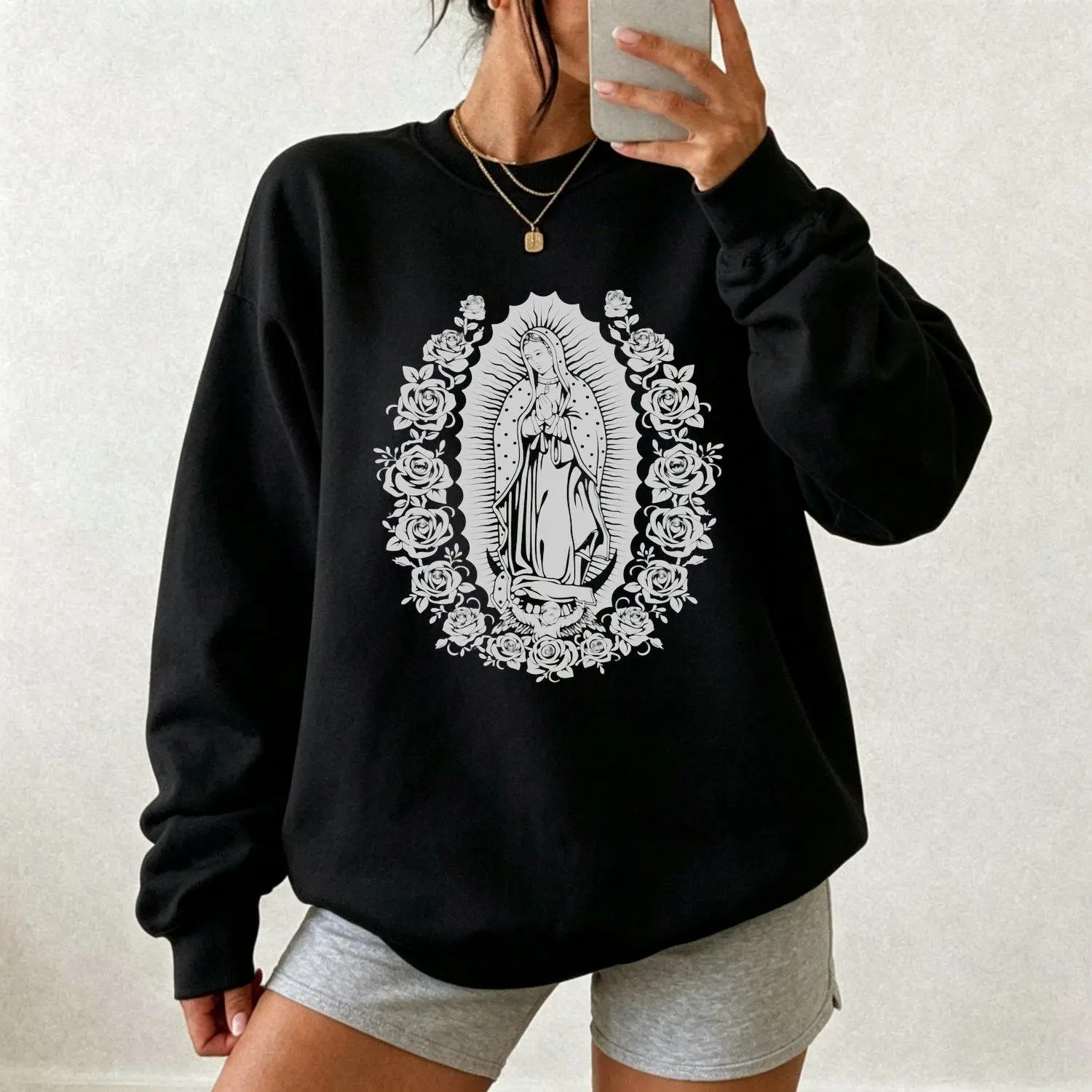Womens Sports Sweatshirt with Our Lady of Guadalupe Catholic Dad Gifts Religious Graphic Design Comfortable Athletic Pullover Top Stylish