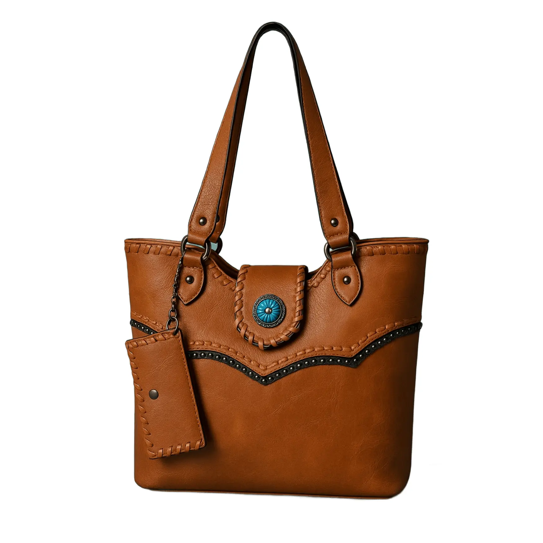 Western-Style Caramel Shoulder Bag with Turquoise Accent and Matching Wristlet