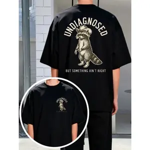 Double-sided Printed Short-sleeved TShirt Black T-shirt Undiagnosed Raccoon Cowboy Hat Western Retro Style Humor Slogan