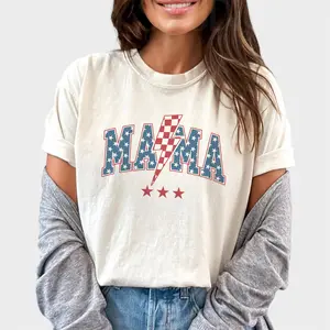 Mama 4th Of July Shirt Vintage, Retro American Mama Shirt, Checkered Mama Tee, Mama Lightning Bolt Tee, Patriotic USA Tshirt For Mom, Independence Day Shirt, Mother Mommy Mum Shirt, Women Tops, Cotton Fabric Oversized Graphic Tee, Relaxed Fit Chic Style