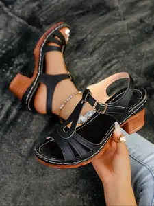 Women's Fashionable Solid Color Peep Toe Sandals, Casual Comfortable Heeled Sandals for Summer, Lightweight Breathable Shoes for Daily Wear, Girl
