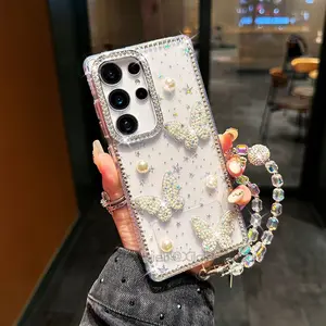 Elegant Luxury 3D Pearl Butterfly Phone Case, Crystal Strap, Anti-Drop Protection, Compatible with Samsung Galaxy S26 S25 S24 S23 Ultra Plus Fe