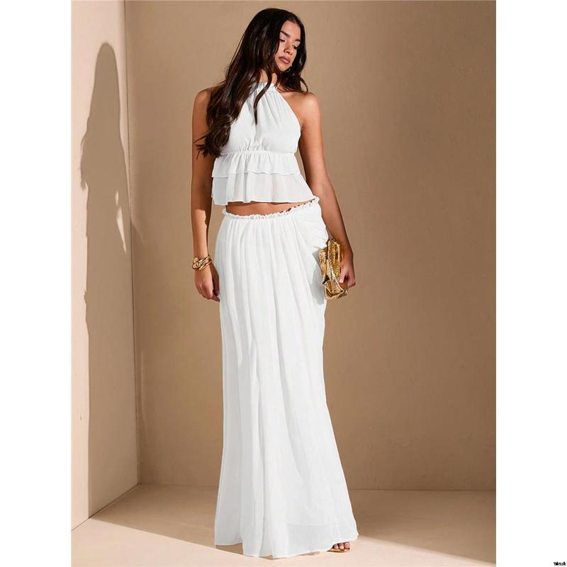 Date Beach Holiday , Women For Maxi Slit High Ruched Asymmetric White BAE tiktok White Skirt Vacation
