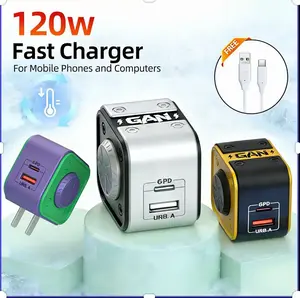 120W dual-port fast charging, USB-C fast charging, built-in data cable, compact fidget spinner design, low-temperature charging adapter and charging head, suitable for iPhone, Android phones, iPad, MacBook and laptops, suitable for home, office and travel