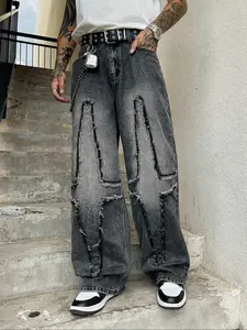 Men's Vintage Washed Patchwork Loose Fit Jeans, American Style Streetwear Y2K Denim Jeans, Perfect Gift for Boyfriend Husband