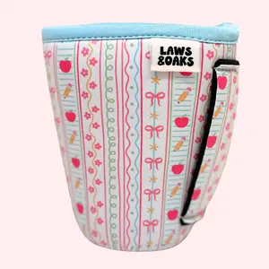 Apples & Bows Teacher Coffee Sleeve With Handle Attached Reusable Neoprene Cup Sleeve Eco-Friendly Comfortable Drink Sleeve for Iced Coffee Drinkware Accessories Teacher Gift Teacher Appreciation