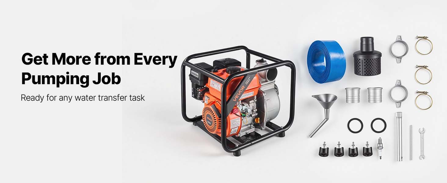 【Summerfinds】VEVOR 3-in Gas Powered Semi-Trash Water Transfer Pump, 7 HP Power, 264 GPM, Cast Iron Impeller, Heavy Duty Frame, 25 ft Discharge Hose, Anti-Vibration Pads, for Ponds, Drainage, Floodwater
