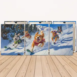 3 Counts Wooden Framed Canvas Painting, Funny Skiing Dogs In Snow, Exquisite Poster, Perfect Living Room Decoration, Modern Art, Fashion Family Poster, Wall Art Decoration, Waterproof Art