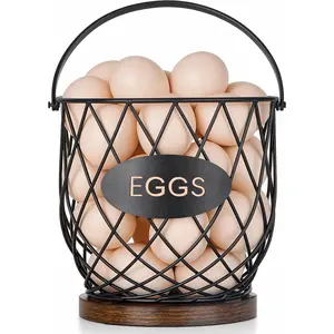 Chicken Egg Basket for Gathering Fresh Eggs with Metal Handle, Wire Egg Collecting Basket with Wooden Base, Round Egg Holder Countertop, Vintage Rustic Farmhouse Kitchen Decor Fruit Storage
