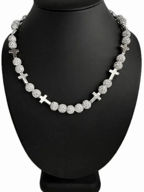Iced Bling Disco Ball Rhinestone Crystal Bead Baseball Necklace White Ice Cross Edition
