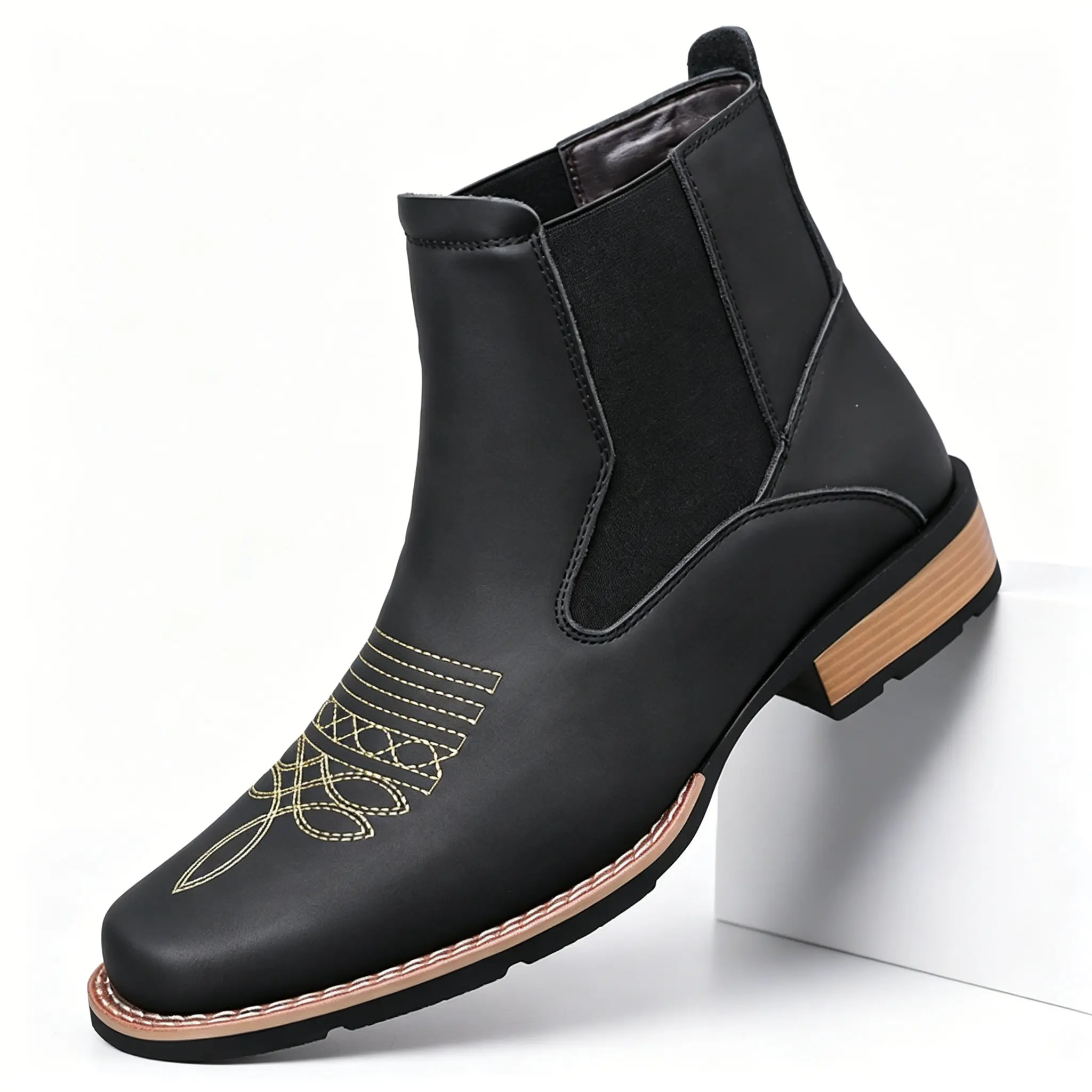 Men’s Chelsea ankle boots — Western-style toe cap, retro classic fashion, comfortable leather; men’s casual business shoes, lightweight walking shoes, cowboy boots for men,Men shoes Design Footwear,botas ligeras