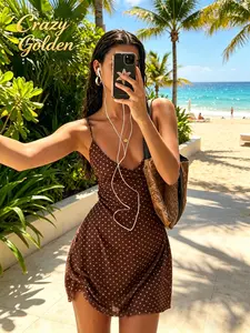 Polka Dot Dress — New Arrival: Solid Color, Sexy, Sleeveless, Waist-Cinching, Slimming Mini Dress — Women's Slim-Fit Camisole Dress: Polka Dot V-Neck, Double-Layer Mesh, A-Line Silhouette, Backless & Sexy