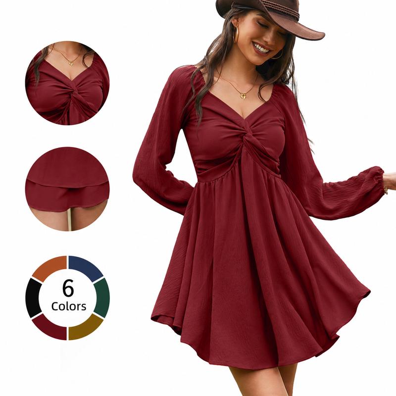 Chicovar Women's Fall Sweetheart Neckline Knot Front Flowy Mini Chiffon Dresses, Lantern Sleeve, A-Line Cut, No Scratchy, No Sheer, Westernfashion, Family Photos, Church, Party, Casual, or Daily Wear, Sohochic Long Sleeve Womenswear
