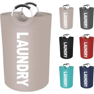 90L Large Laundry Basket, Freestanding Waterproof Laundry Hamper, Collapsible Folding Tall Clothes Hamper, Easy Carry with Foam Protected Aluminum Handles for Dorm, Family, Travel (Khaki)